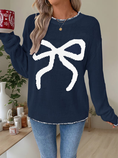 Women's Y2K Bow Print Knit Sweater Crew Neck Long Sleeve Knitted Pullover Loose Knit Christmas Trendy Sweater - Seldom Seen Styles