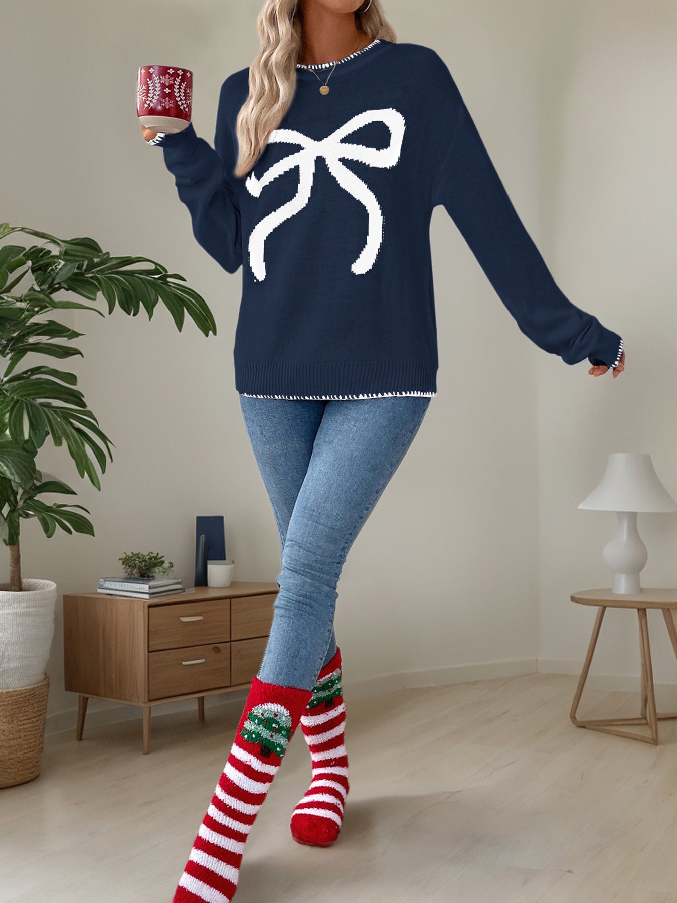 Women's Y2K Bow Print Knit Sweater Crew Neck Long Sleeve Knitted Pullover Loose Knit Christmas Trendy Sweater - Seldom Seen Styles