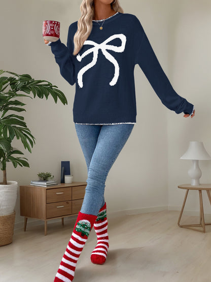 Women's Y2K Bow Print Knit Sweater Crew Neck Long Sleeve Knitted Pullover Loose Knit Christmas Trendy Sweater - Seldom Seen Styles