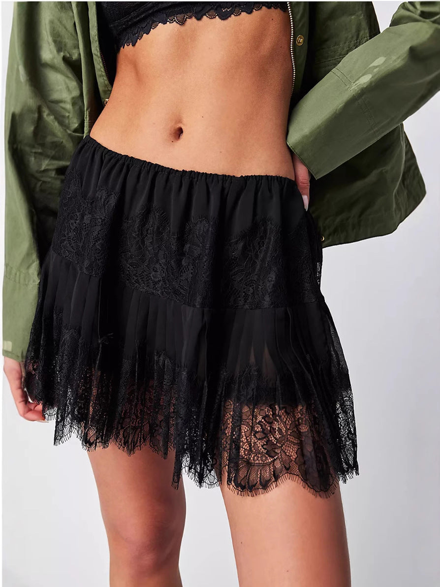 Women's Y2k Lace Half Slip Skirt Low Rise Pleated Ruffle LaceTrim Mini Skirt Layered Flowy Short Skirts Underskirt - Seldom Seen Styles