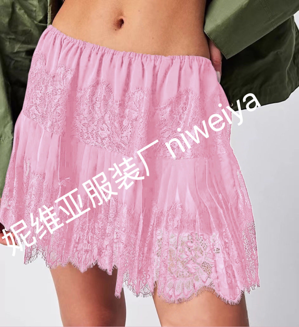 Women's Y2k Lace Half Slip Skirt Low Rise Pleated Ruffle LaceTrim Mini Skirt Layered Flowy Short Skirts Underskirt - Seldom Seen Styles