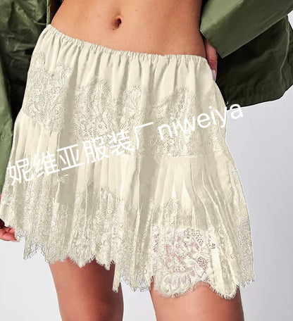 Women's Y2k Lace Half Slip Skirt Low Rise Pleated Ruffle LaceTrim Mini Skirt Layered Flowy Short Skirts Underskirt - Seldom Seen Styles