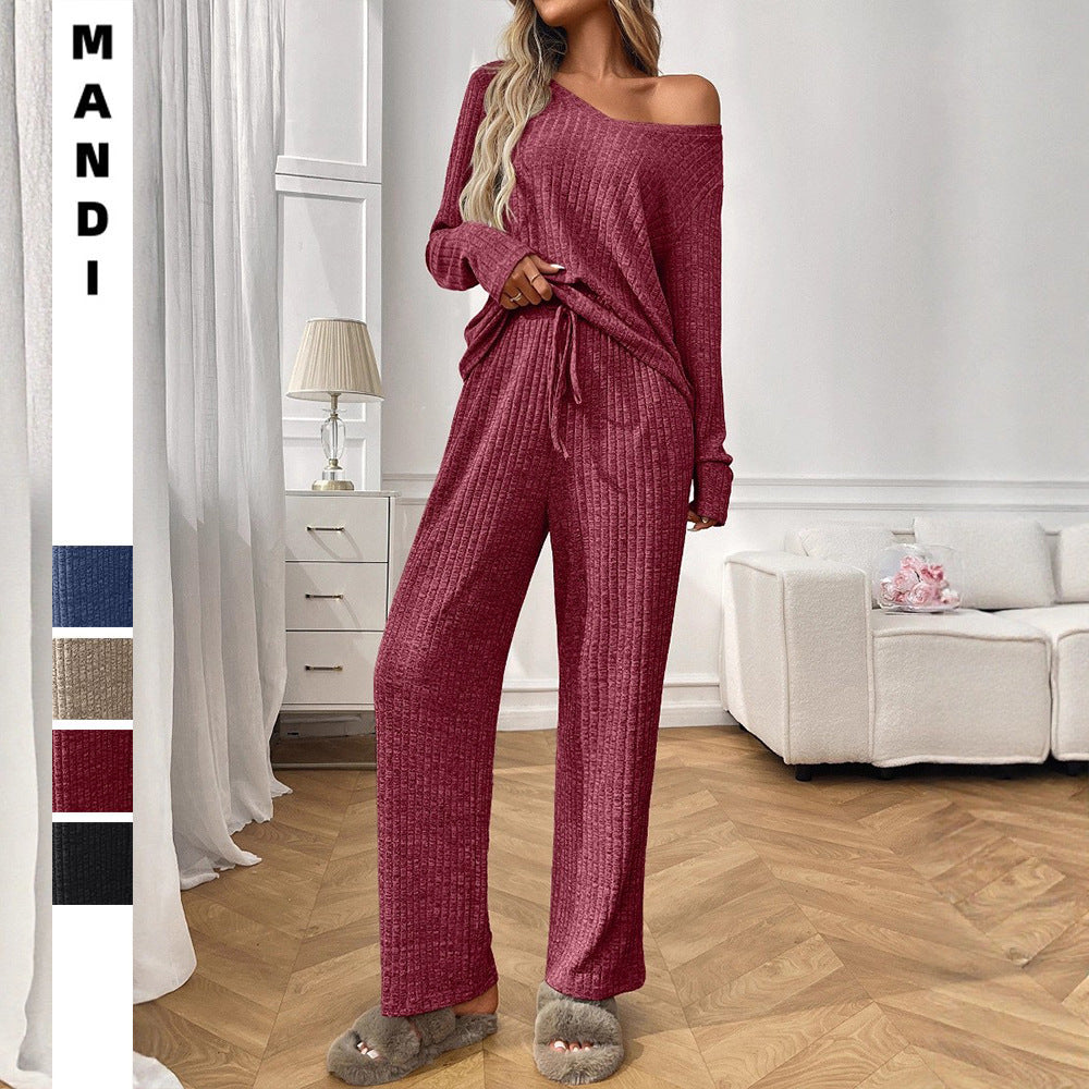 Womens  2 Piece Outfits Lounge Sets Knit Sweatsuit Long Sleeve Pullover Tops Wide Leg Pant Pajama Sets - Seldom Seen Styles