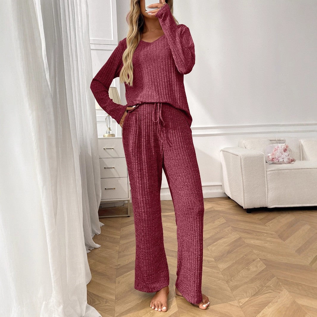 Womens  2 Piece Outfits Lounge Sets Knit Sweatsuit Long Sleeve Pullover Tops Wide Leg Pant Pajama Sets - Seldom Seen Styles