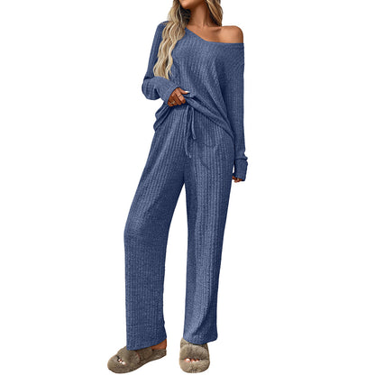 Womens  2 Piece Outfits Lounge Sets Knit Sweatsuit Long Sleeve Pullover Tops Wide Leg Pant Pajama Sets - Seldom Seen Styles