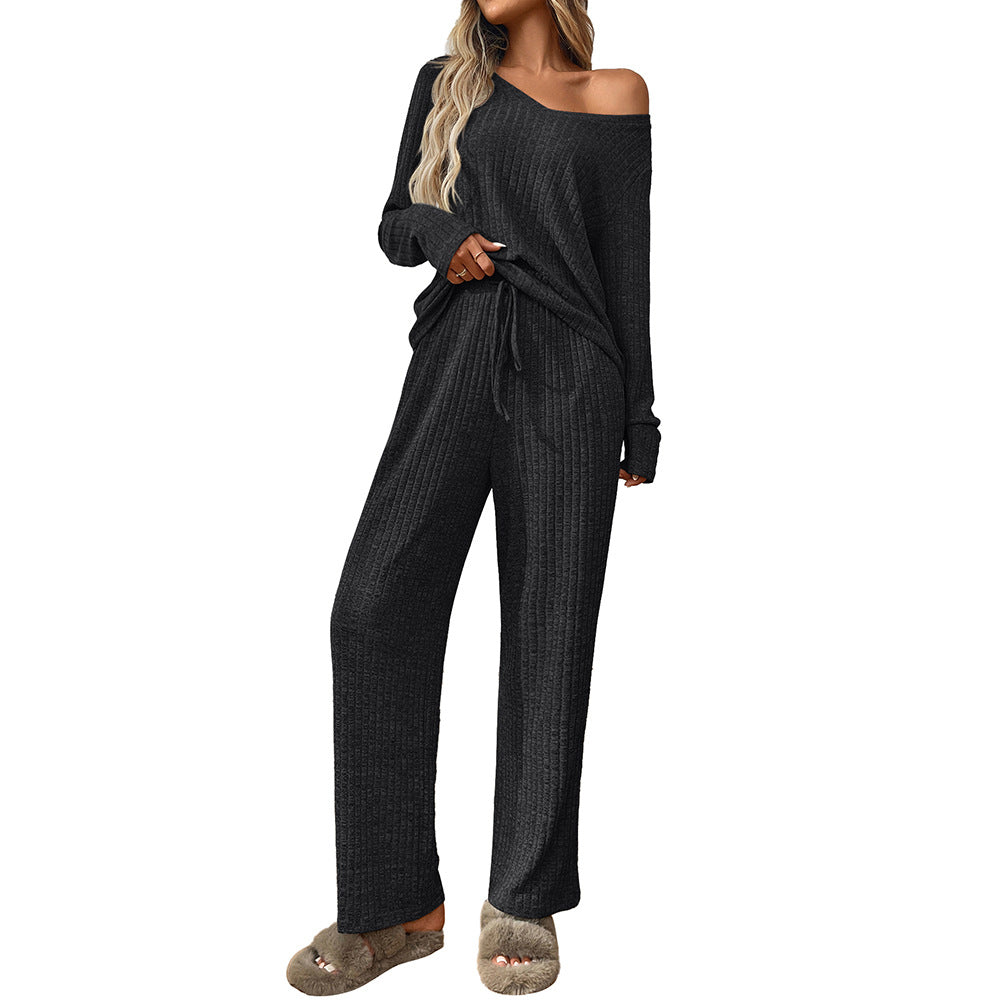 Womens  2 Piece Outfits Lounge Sets Knit Sweatsuit Long Sleeve Pullover Tops Wide Leg Pant Pajama Sets - Seldom Seen Styles