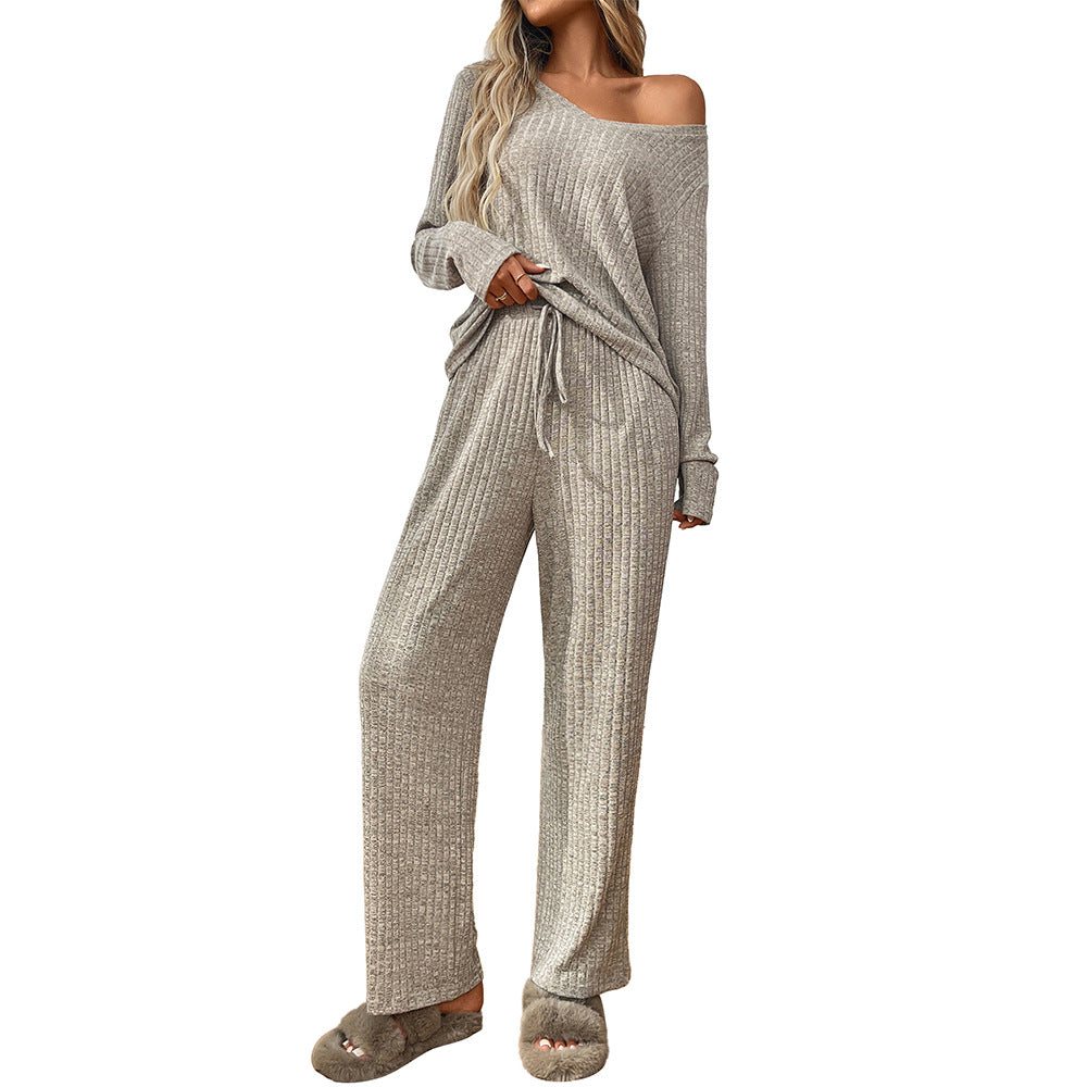Womens  2 Piece Outfits Lounge Sets Knit Sweatsuit Long Sleeve Pullover Tops Wide Leg Pant Pajama Sets - Seldom Seen Styles