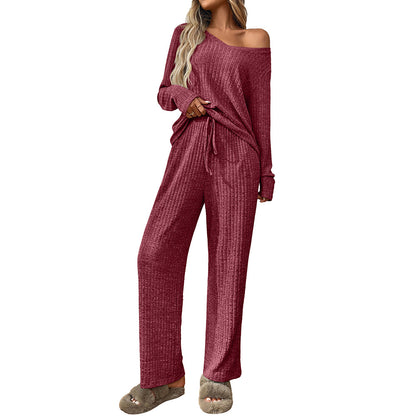 Womens  2 Piece Outfits Lounge Sets Knit Sweatsuit Long Sleeve Pullover Tops Wide Leg Pant Pajama Sets - Seldom Seen Styles