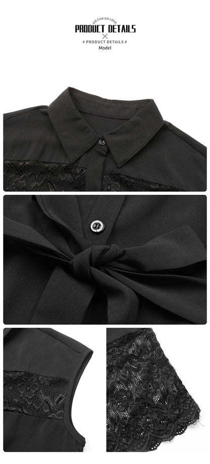 Womens 2025 Summer Button Down Shirt Dress Fashion Lapel Patchwork High Waist Lace Commute Dress - Seldom Seen Styles