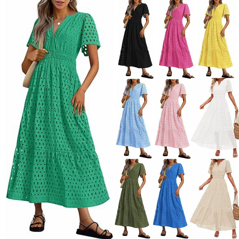Womens 2025 Summer Maxi Dress Short Sleeve V Neck Hollow Out Eyelet A Line Long Flowy Beach Vacation Dresses - Seldom Seen Styles