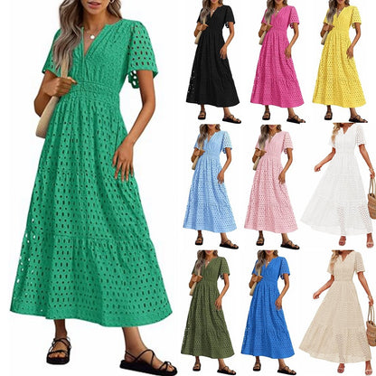 Womens 2025 Summer Maxi Dress Short Sleeve V Neck Hollow Out Eyelet A Line Long Flowy Beach Vacation Dresses - Seldom Seen Styles