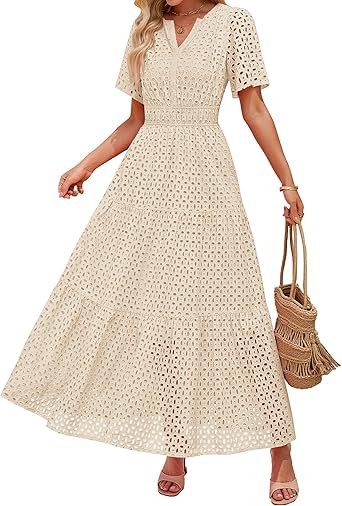 Womens 2025 Summer Maxi Dress Short Sleeve V Neck Hollow Out Eyelet A Line Long Flowy Beach Vacation Dresses - Seldom Seen Styles