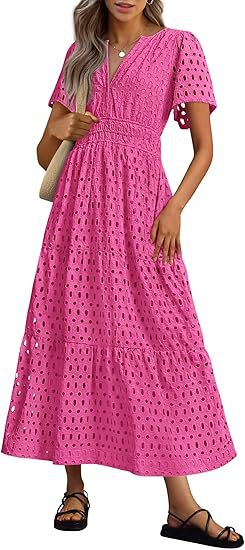Womens 2025 Summer Maxi Dress Short Sleeve V Neck Hollow Out Eyelet A Line Long Flowy Beach Vacation Dresses - Seldom Seen Styles
