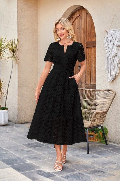 Womens 2025 Summer Maxi Dress Short Sleeve V Neck Hollow Out Eyelet A Line Long Flowy Beach Vacation Dresses - Seldom Seen Styles