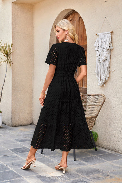 Womens 2025 Summer Maxi Dress Short Sleeve V Neck Hollow Out Eyelet A Line Long Flowy Beach Vacation Dresses - Seldom Seen Styles