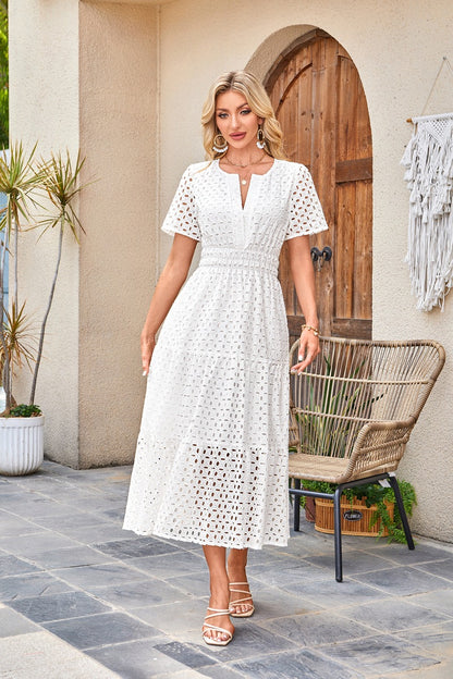 Womens 2025 Summer Maxi Dress Short Sleeve V Neck Hollow Out Eyelet A Line Long Flowy Beach Vacation Dresses - Seldom Seen Styles