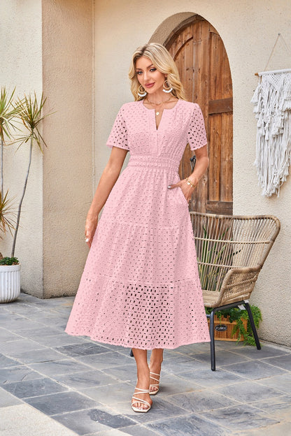 Womens 2025 Summer Maxi Dress Short Sleeve V Neck Hollow Out Eyelet A Line Long Flowy Beach Vacation Dresses - Seldom Seen Styles