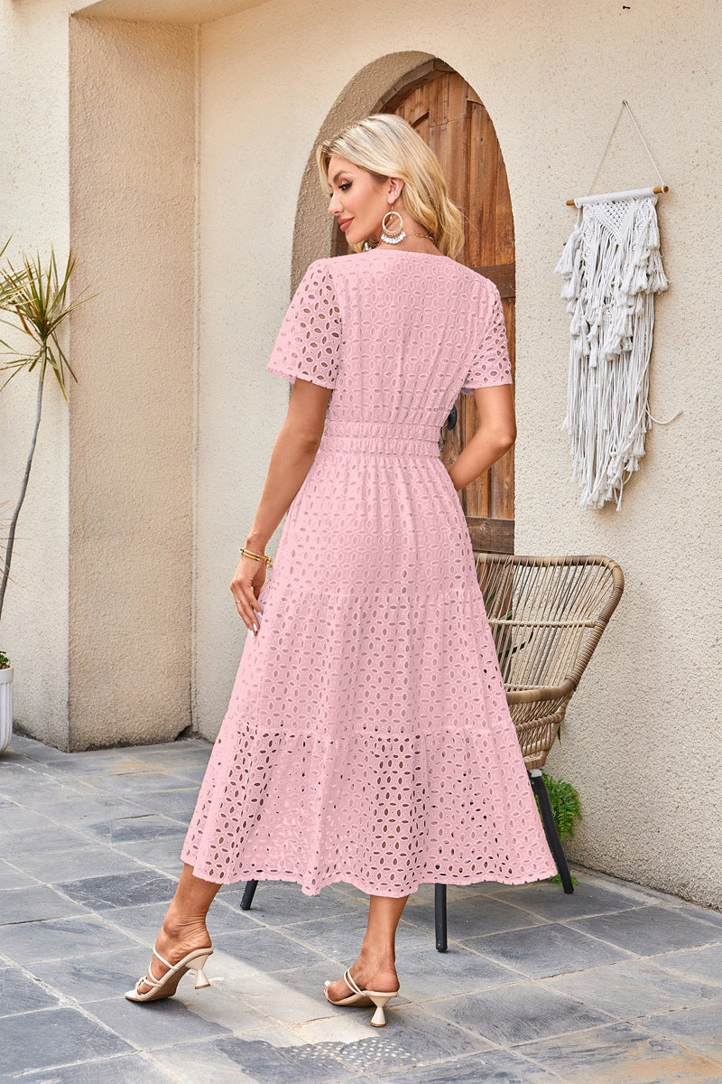 Womens 2025 Summer Maxi Dress Short Sleeve V Neck Hollow Out Eyelet A Line Long Flowy Beach Vacation Dresses - Seldom Seen Styles