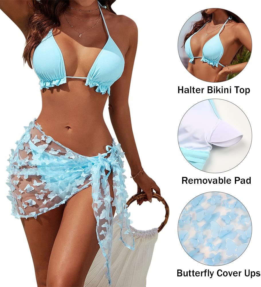 Womens 3 Piece Swimsuits Triangle Halter Thong Bikini Set Butterfly Bathing Suits Sarongs - Seldom Seen Styles