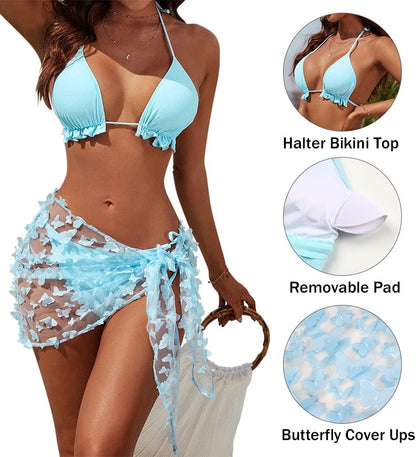 Womens 3 Piece Swimsuits Triangle Halter Thong Bikini Set Butterfly Bathing Suits Sarongs - Seldom Seen Styles