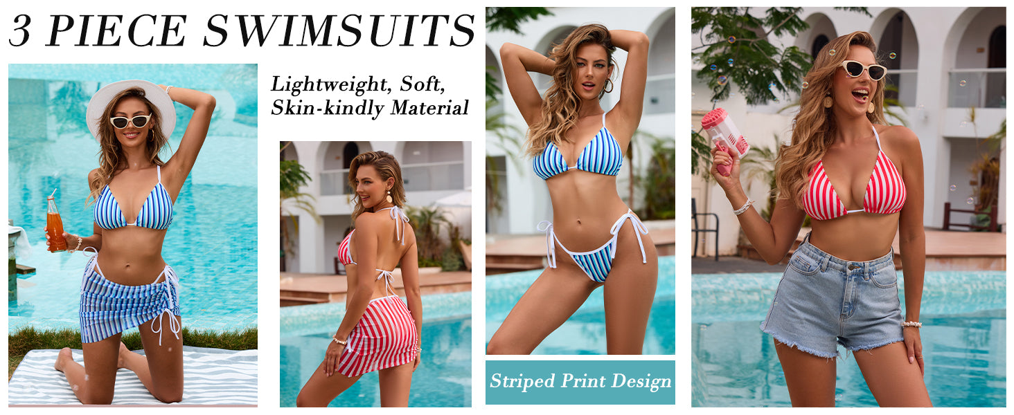 Womens 3 Piece Swimsuits Triangle Halter Thong Bikini Set Butterfly Bathing Suits Sarongs - Seldom Seen Styles