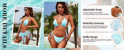 Womens 3 Piece Swimsuits Triangle Halter Thong Bikini Set Butterfly Bathing Suits Sarongs - Seldom Seen Styles