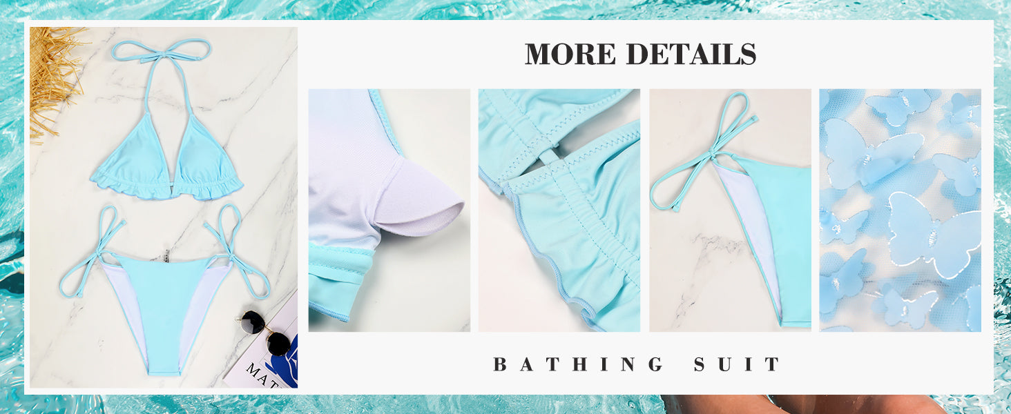 Womens 3 Piece Swimsuits Triangle Halter Thong Bikini Set Butterfly Bathing Suits Sarongs - Seldom Seen Styles