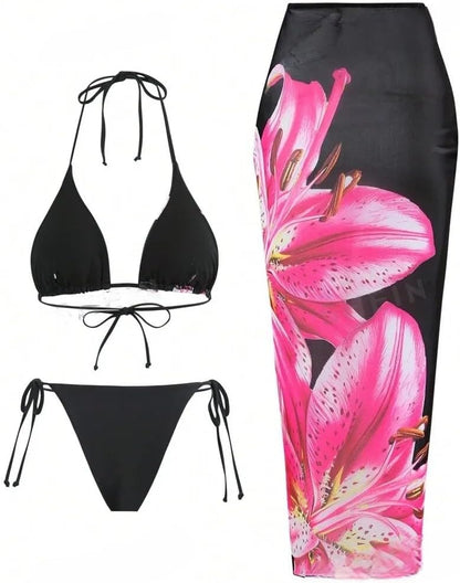 Womens 3pcs Swimsuit Floral Halter Triangle Bikini Top Tie Side Bottom with Long Sheer Cover Up Skirt - Seldom Seen Styles