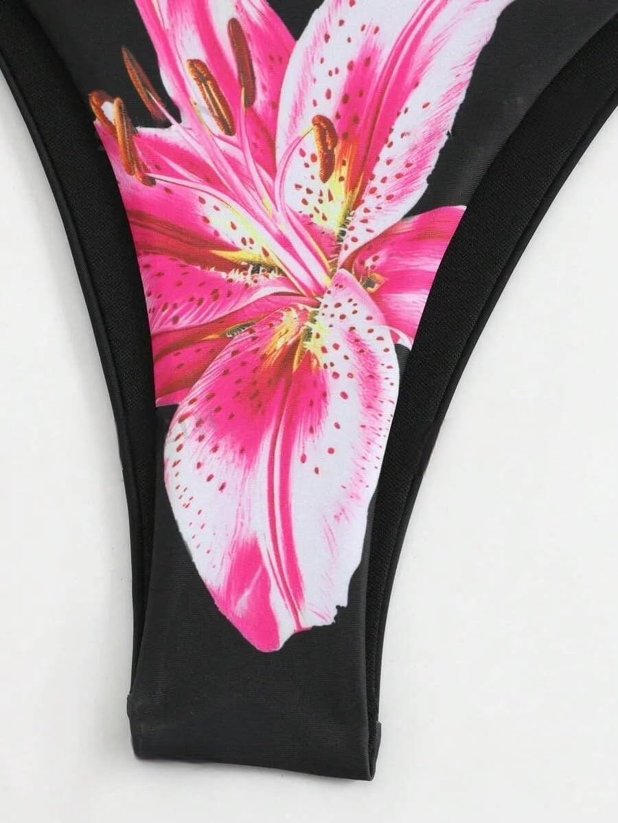 Womens 3pcs Swimsuit Floral Halter Triangle Bikini Top Tie Side Bottom with Long Sheer Cover Up Skirt - Seldom Seen Styles