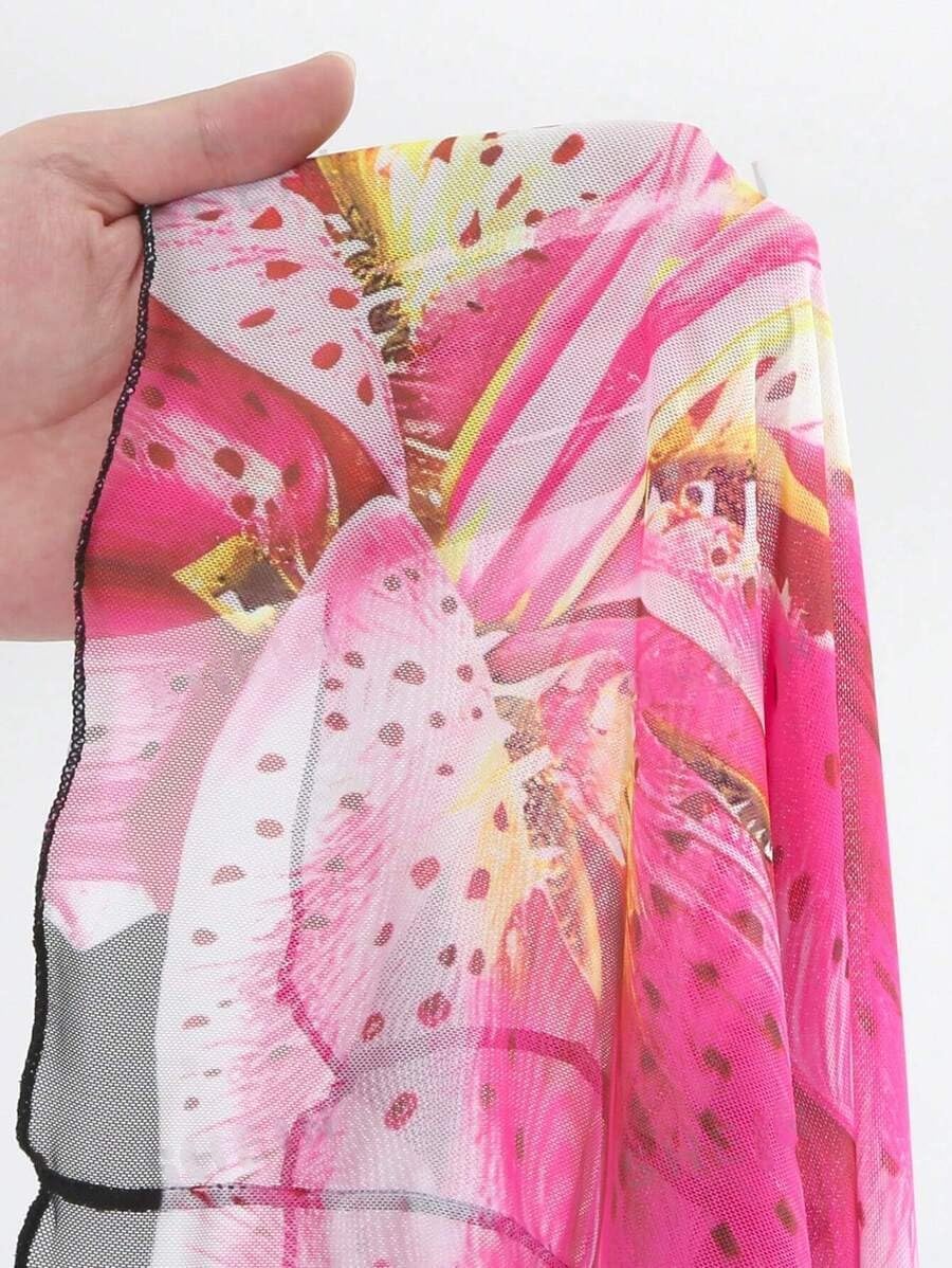 Womens 3pcs Swimsuit Floral Halter Triangle Bikini Top Tie Side Bottom with Long Sheer Cover Up Skirt - Seldom Seen Styles