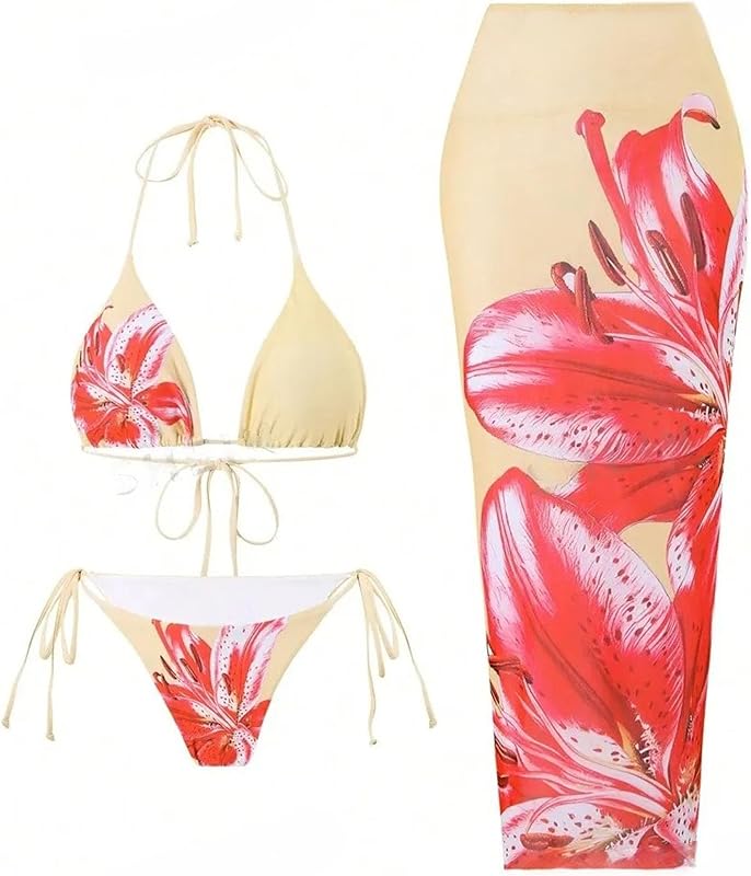 Womens 3pcs Swimsuit Floral Halter Triangle Bikini Top Tie Side Bottom with Long Sheer Cover Up Skirt - Seldom Seen Styles