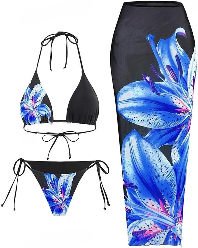 Womens 3pcs Swimsuit Floral Halter Triangle Bikini Top Tie Side Bottom with Long Sheer Cover Up Skirt - Seldom Seen Styles