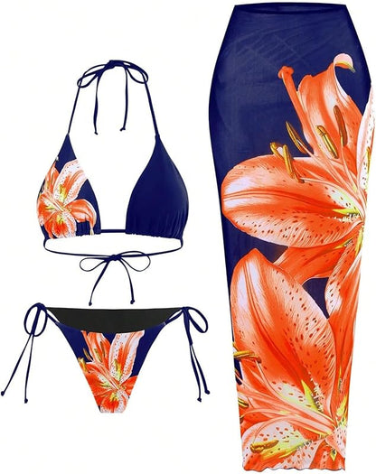 Womens 3pcs Swimsuit Floral Halter Triangle Bikini Top Tie Side Bottom with Long Sheer Cover Up Skirt - Seldom Seen Styles