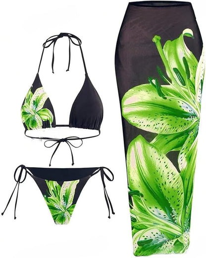 Womens 3pcs Swimsuit Floral Halter Triangle Bikini Top Tie Side Bottom with Long Sheer Cover Up Skirt - Seldom Seen Styles