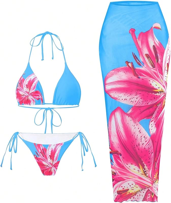 Womens 3pcs Swimsuit Floral Halter Triangle Bikini Top Tie Side Bottom with Long Sheer Cover Up Skirt - Seldom Seen Styles