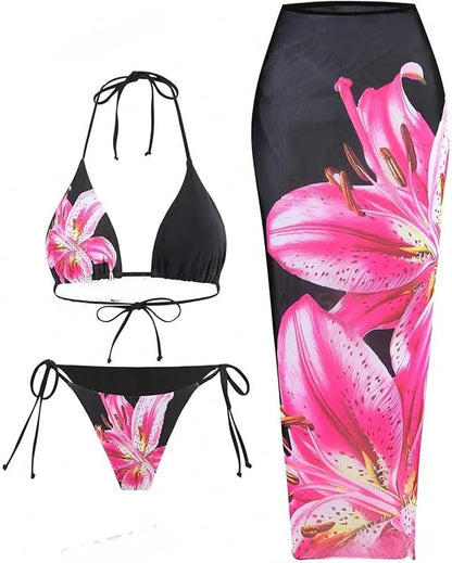 Womens 3pcs Swimsuit Floral Halter Triangle Bikini Top Tie Side Bottom with Long Sheer Cover Up Skirt - Seldom Seen Styles