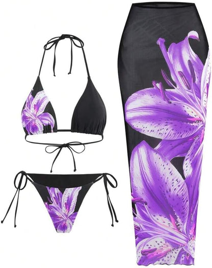Womens 3pcs Swimsuit Floral Halter Triangle Bikini Top Tie Side Bottom with Long Sheer Cover Up Skirt - Seldom Seen Styles