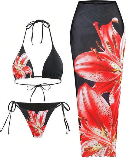 Womens 3pcs Swimsuit Floral Halter Triangle Bikini Top Tie Side Bottom with Long Sheer Cover Up Skirt - Seldom Seen Styles