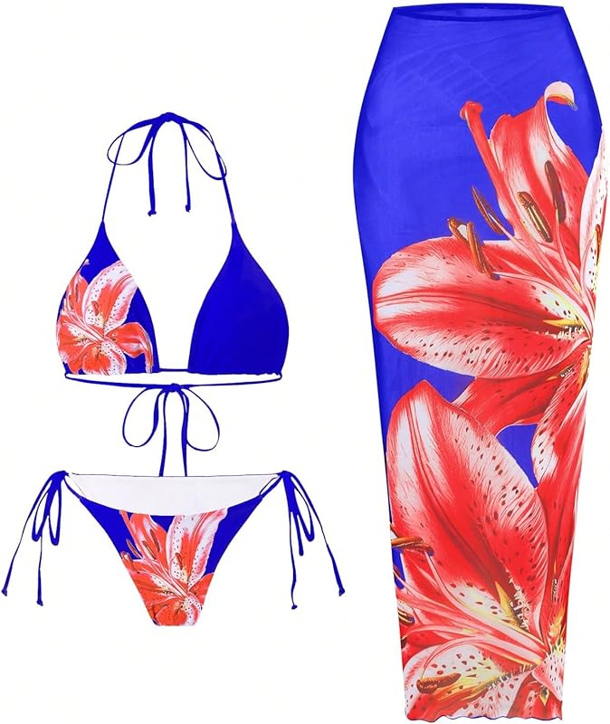 Womens 3pcs Swimsuit Floral Halter Triangle Bikini Top Tie Side Bottom with Long Sheer Cover Up Skirt - Seldom Seen Styles