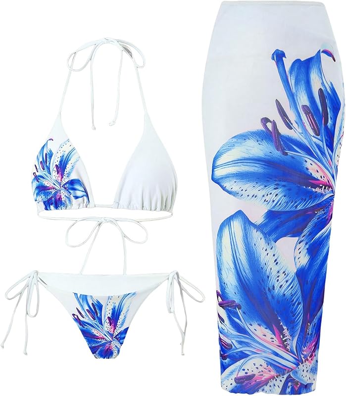 Womens 3pcs Swimsuit Floral Halter Triangle Bikini Top Tie Side Bottom with Long Sheer Cover Up Skirt - Seldom Seen Styles