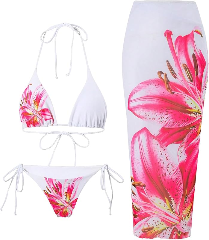 Womens 3pcs Swimsuit Floral Halter Triangle Bikini Top Tie Side Bottom with Long Sheer Cover Up Skirt - Seldom Seen Styles