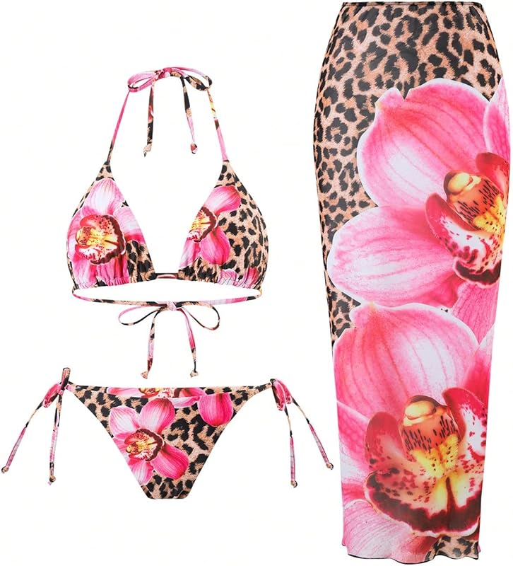 Womens 3pcs Swimsuit Floral Halter Triangle Bikini Top Tie Side Bottom with Long Sheer Cover Up Skirt - Seldom Seen Styles
