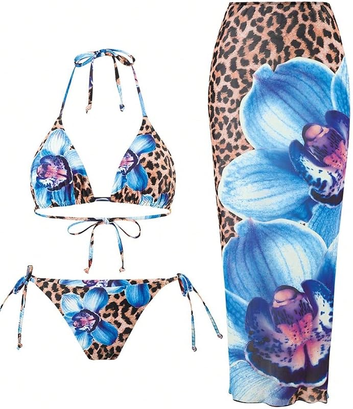 Womens 3pcs Swimsuit Floral Halter Triangle Bikini Top Tie Side Bottom with Long Sheer Cover Up Skirt - Seldom Seen Styles