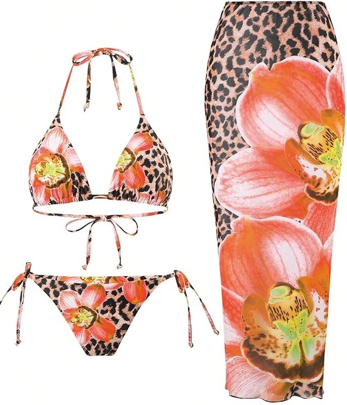Womens 3pcs Swimsuit Floral Halter Triangle Bikini Top Tie Side Bottom with Long Sheer Cover Up Skirt - Seldom Seen Styles
