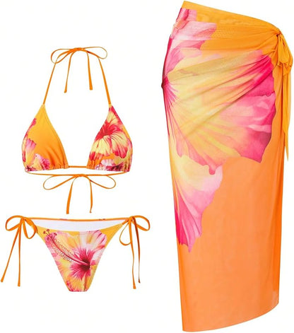 Womens 3pcs Swimsuit Floral Halter Triangle Bikini Top Tie Side Bottom with Long Sheer Cover Up Skirt - Seldom Seen Styles