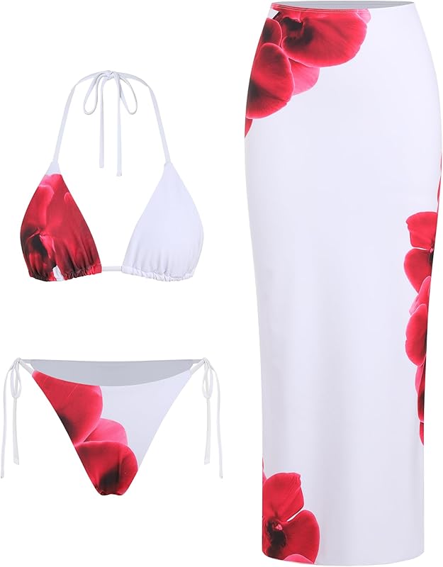 Womens 3pcs Swimsuit Floral Halter Triangle Bikini Top Tie Side Bottom with Long Sheer Cover Up Skirt - Seldom Seen Styles