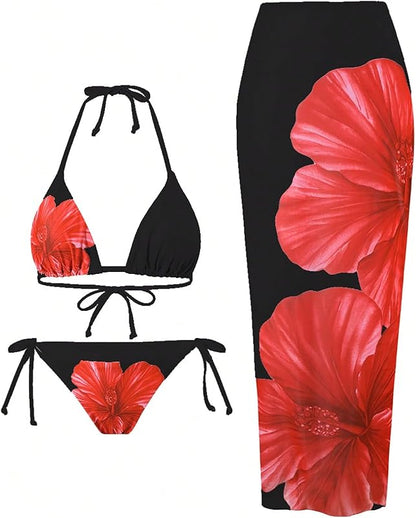 Womens 3pcs Swimsuit Floral Halter Triangle Bikini Top Tie Side Bottom with Long Sheer Cover Up Skirt - Seldom Seen Styles