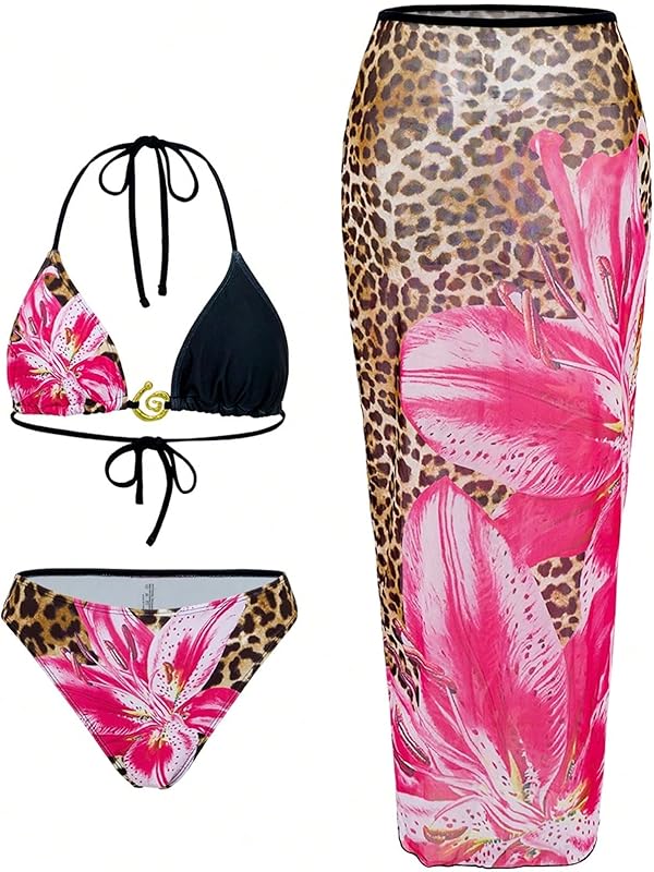 Womens 3pcs Swimsuit Floral Halter Triangle Bikini Top Tie Side Bottom with Long Sheer Cover Up Skirt - Seldom Seen Styles