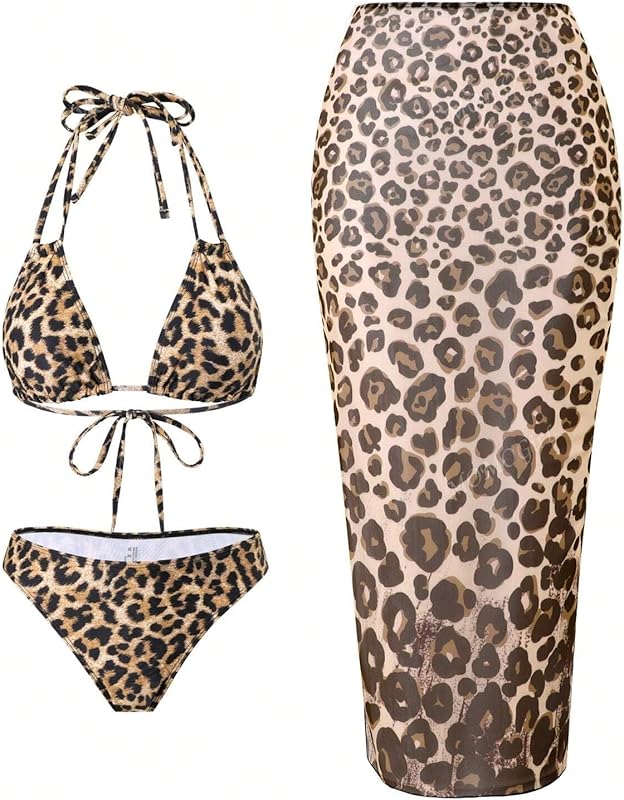 Womens 3pcs Swimsuit Floral Halter Triangle Bikini Top Tie Side Bottom with Long Sheer Cover Up Skirt - Seldom Seen Styles