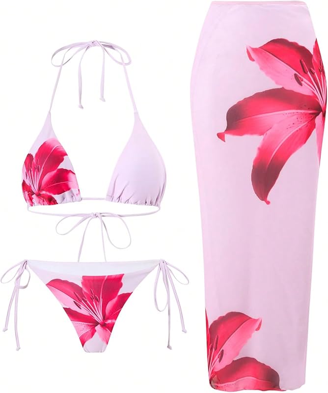Womens 3pcs Swimsuit Floral Halter Triangle Bikini Top Tie Side Bottom with Long Sheer Cover Up Skirt - Seldom Seen Styles